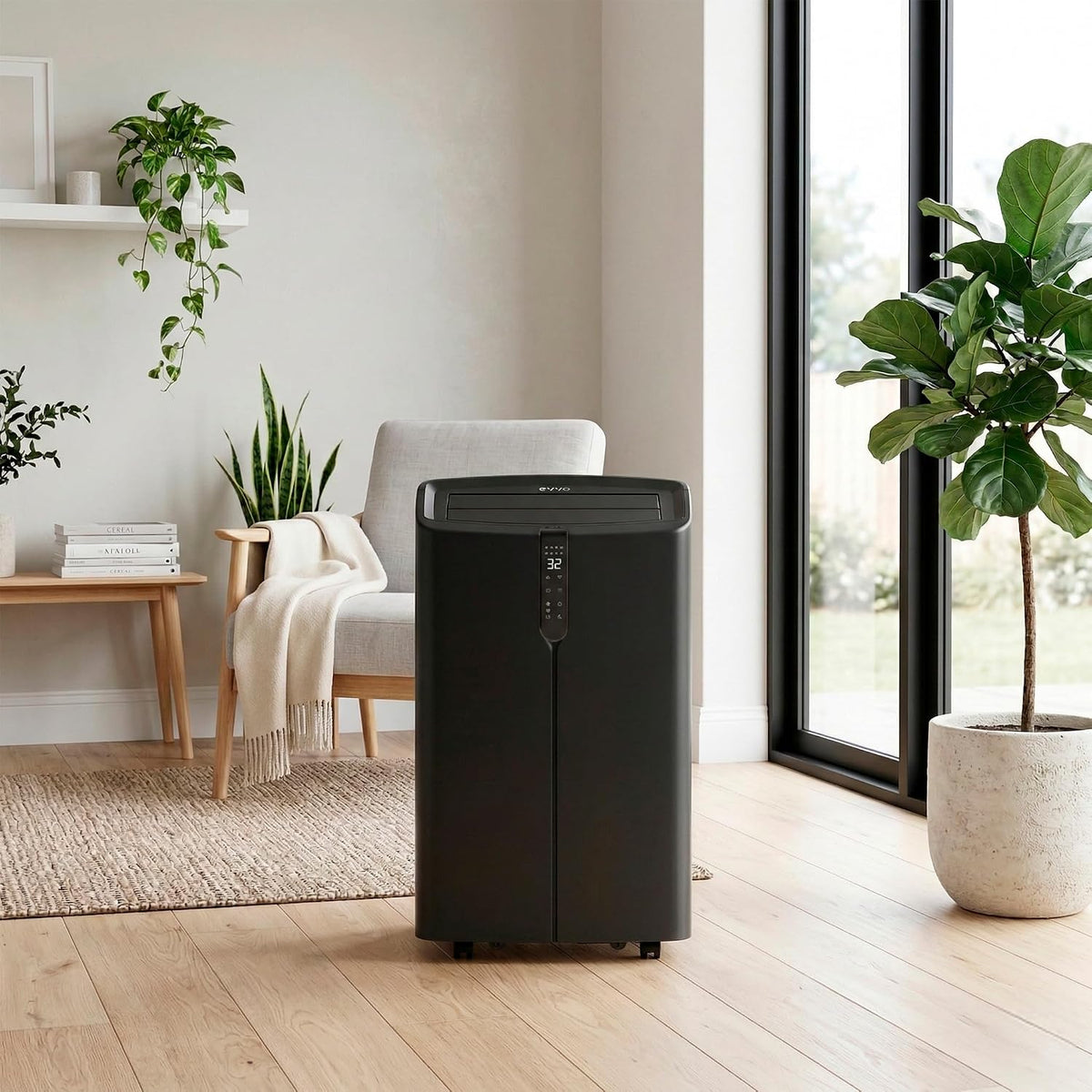 Aire acondicionado portátil EVVO Clima P14 Silent WLAN, 14.000 BTU, con bomba de calor, tipo pingüino, refrigeración y calefacción, WLAN, silencioso, deshumidificador, frío y calor, con kit de ventana