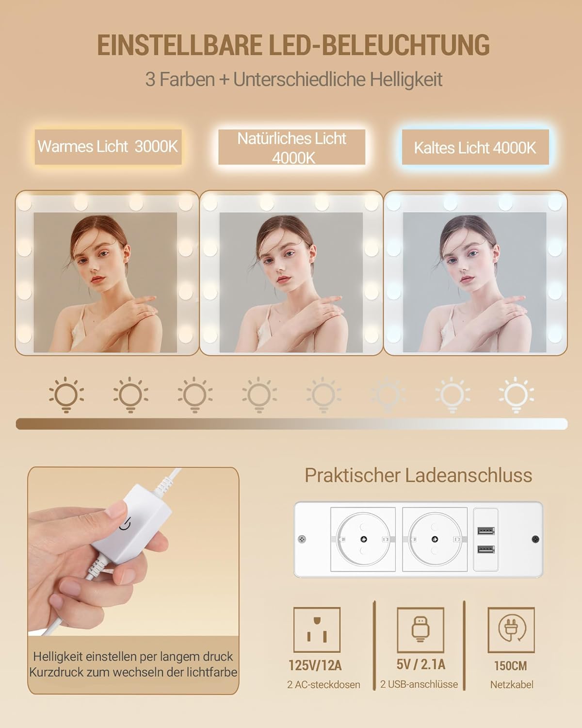 Hzuaneri Schminktisch mit 10 LED-Beleuchtung, Hocker, Frisiertisch mit Große Spiegel, Schminktische mit Stecker, Und Haartrocknerhalter, Und Mehreren Schubladen, Weiß DT42903XEU