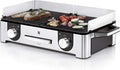 WMF Lono Master-Grill, parrilla eléctrica, 50x28 cm, parrilla de mesa eléctrica con protector contra el viento y bandeja de goteo, certificada para uso en exteriores, 2 superficies de cocción regulables por separado, 2400 W, acero inoxidable mate