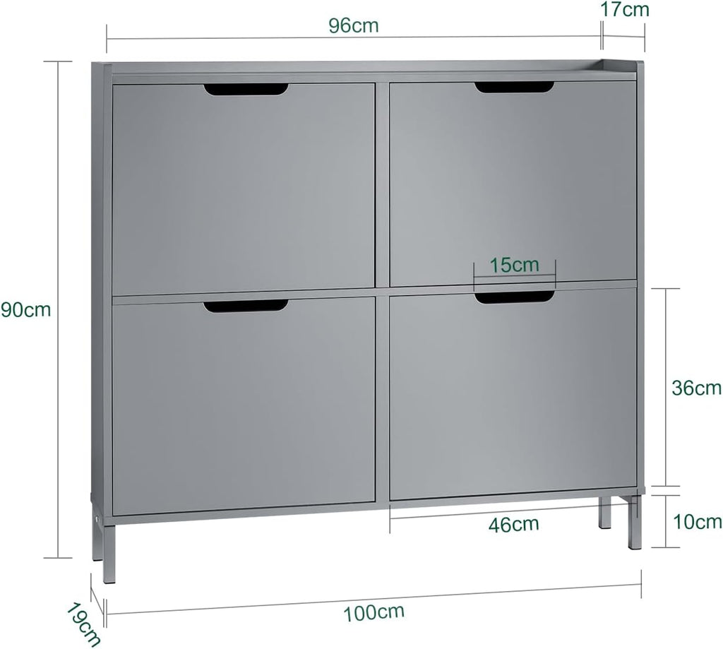SoBuy Zapatero estrecho con 4 puertas abatibles, mueble zapatero alto y compacto, armario para zapatos con 4 estantes, organizador cerrado para recibidor, pasillo y vestíbulo, 100x91x19cm, Gris claro FSR100-HG