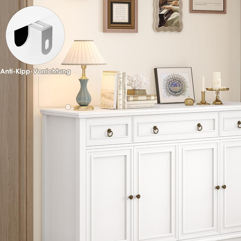FirFurd Sideboard Küchenschrank mit Arbeitsplatte Buffetschrank Sideboard für Küche Wohnzimmer Wohnzimmerschrank mit 3 Schubladen und 4Türen Küchenbuffet mit Verstellbares Regal 134x87x40 cm weiß