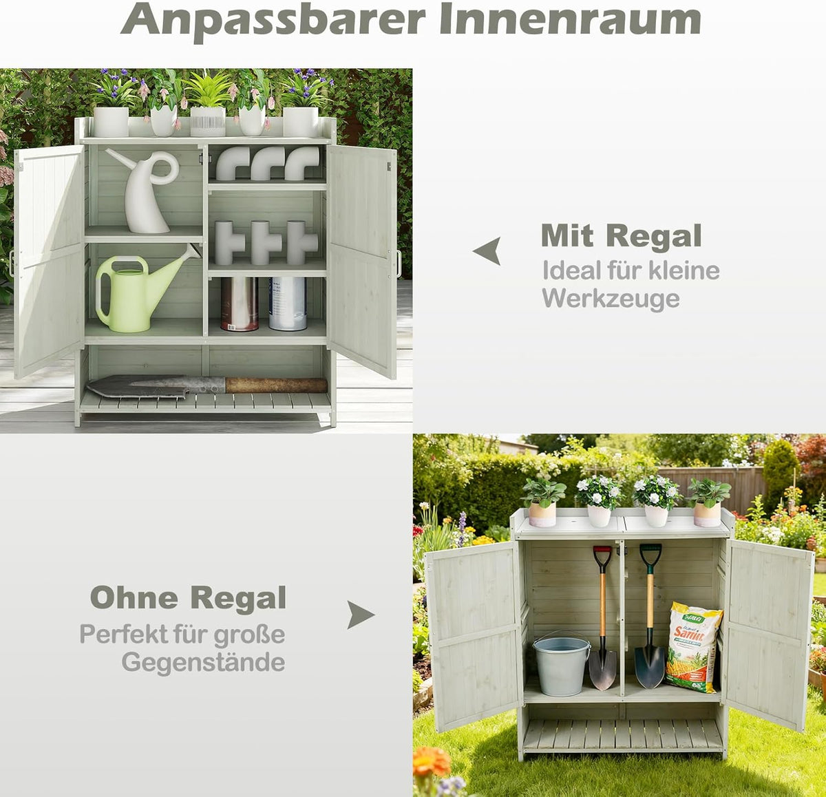 COSTWAY Pflanztisch Outdoor wetterfest, Gärtnertisch Holz, Blumentisch mit Unterschrank, Abfalleimer & verstellbarem Regal, Gärtnertisch für Garten Terrasse Hof, 102 x 43,5 x 152 cm, Natur