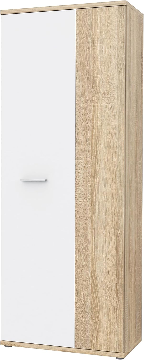 FORTE NET106 Armario 70, zapatero, armario ropero, trastero, armario de puertas batientes, 2 puertas con estantes, blanco con decoración en madera: roble Sonoma, 69 cm de ancho x 179 cm de alto x 35 cm de profundidad