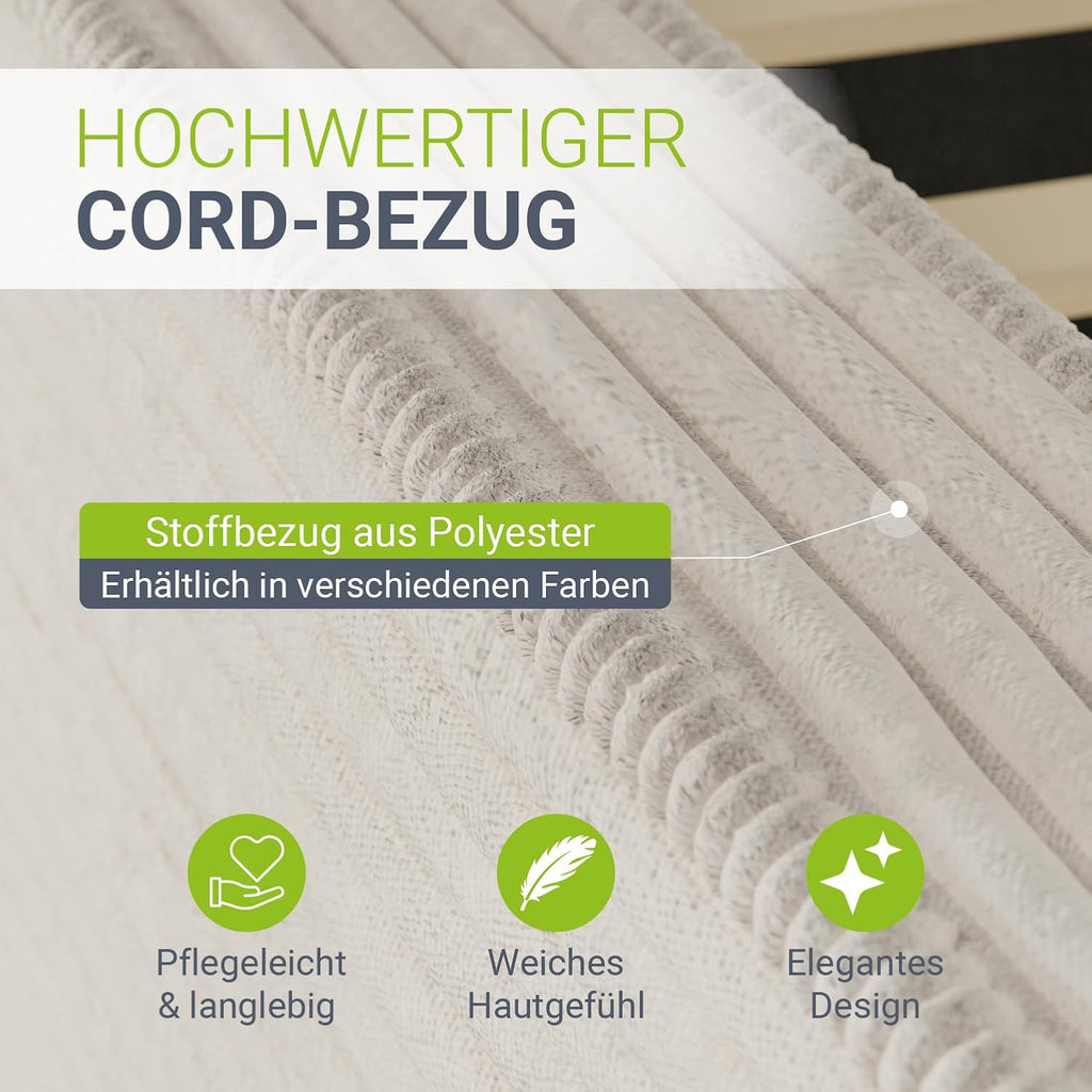Cama tapizada Juskys Salerno 140 x 200 cm – Pana beige, cama moderna con cabecero y piecero, estructura estable de madera y metal, somier, capacidad de carga de 500 kg