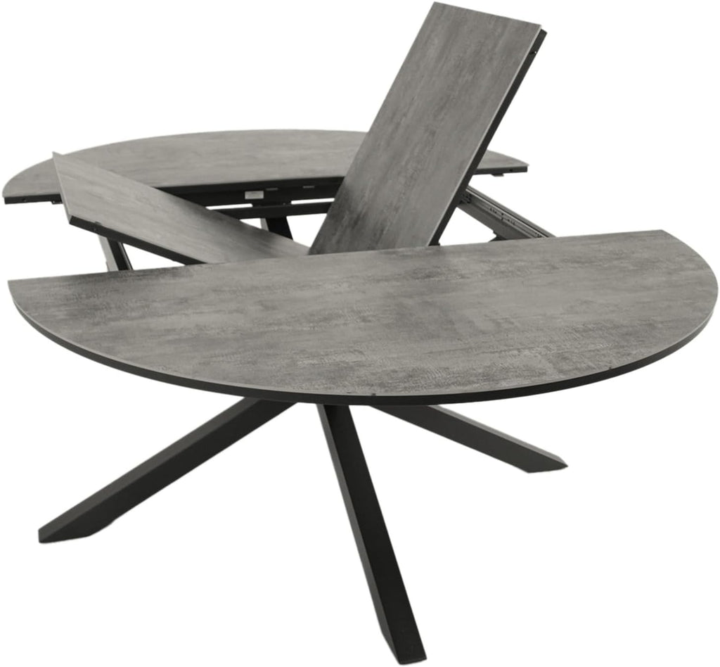 Mesa de jardín extensible DEGAMO Lyon, 140 cm redonda, extensible a 200 cm, aluminio antracita + ECP con aspecto de cerámica gris claro, para exteriores