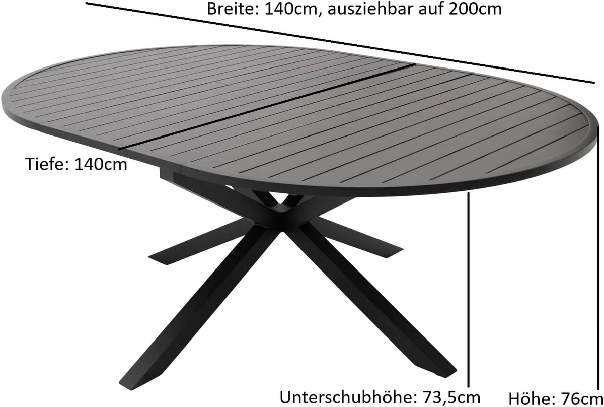 DEGAMO Gartentisch Ausziehtisch Arles 140cm rund, ausziehbar auf oval 200cm, Aluminium anthrazit, Outdoor, wetterfest