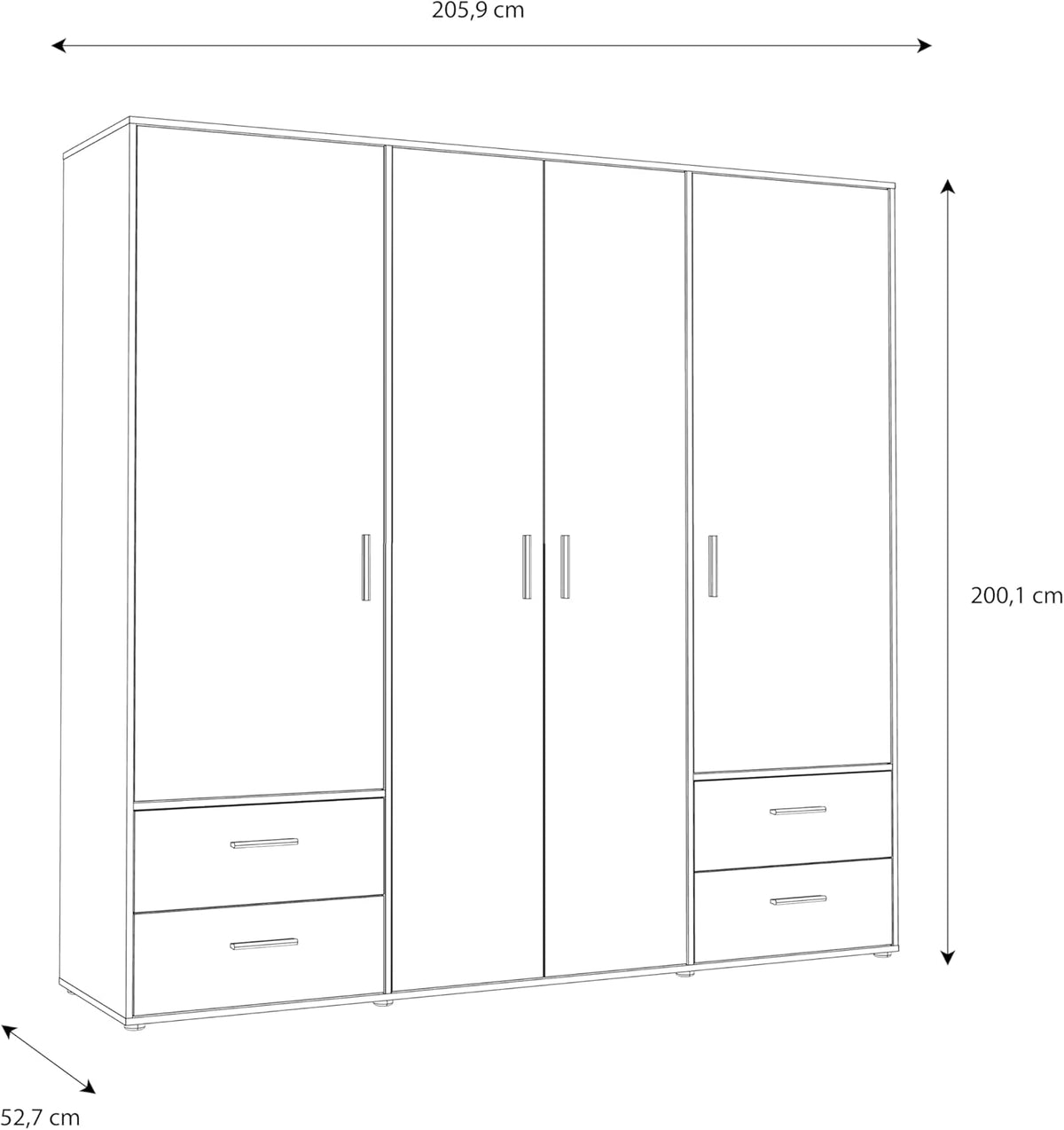 Armario FORTE Jupiter 200 210, armario ropero, armario de puertas batientes, 4 puertas, con 4 cajones y estantes, negro con decoración de madera: roble Catania, 206 cm de ancho x 53 cm de profundidad x 200 cm de alto