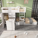 Cama tipo loft Ymkua para niños de 90x200 cm con almacenamiento, cama doble con somier, cama alta con escritorio y armario, cama juvenil con cajones, estantes y escalera, blanco, sin colchón