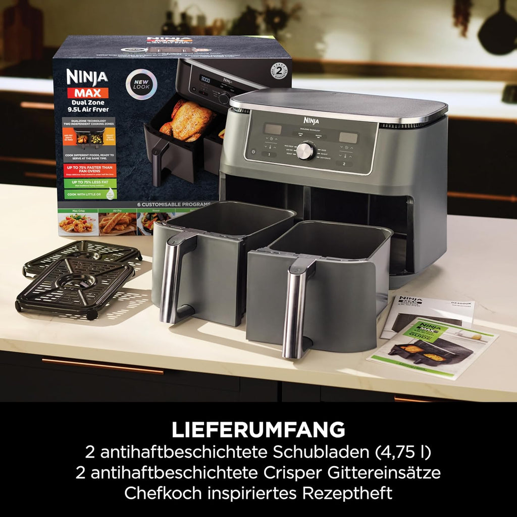 Ninja Dual Zone Digital Air Fryer, 2 Schubladen, 6-in-1, Heißluftfritteuse, 9,5L, Heißluft-Frittieren, Max Crisp, Rösten, Backen, Aufwärmen, Spülmaschinenfeste Körbe, Metallic Grau DZ400EU