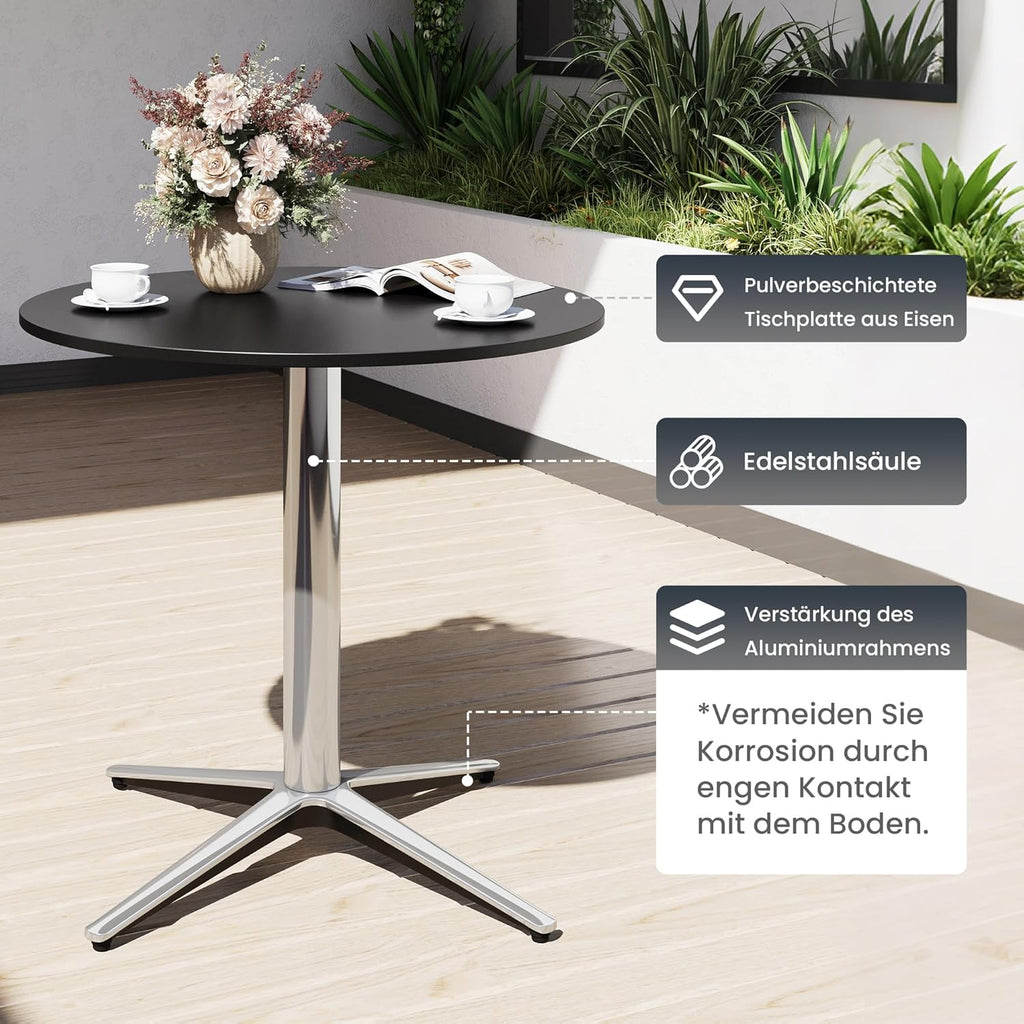 PHI VILLA Mesa de bistró 2 en 1 redonda, resistente a la intemperie, mesa de comedor pequeña multifuncional para taberna, jardín, balcón, cocina, Ø76x74,5 cm, negro