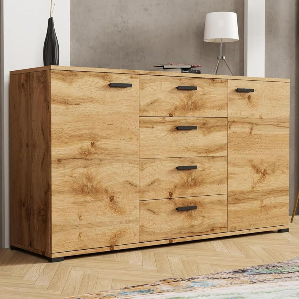 Brent - Cómoda con 4 cajones y 2 puertas de 150 cm de ancho Brixton, aparador para salón o dormitorio, cómoda armario, cómoda roble Wotan