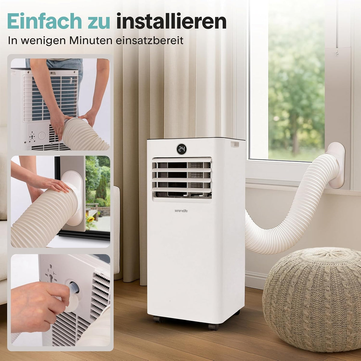 Aire acondicionado portátil SereneLife 7000 BTU, unidad 3 en 1 con manguera de escape, refrigeración, deshumidificación y ventilación, incluye kit para ventana, para habitaciones de hasta 35 m², temporizador de 24 h, silencioso 54 dB