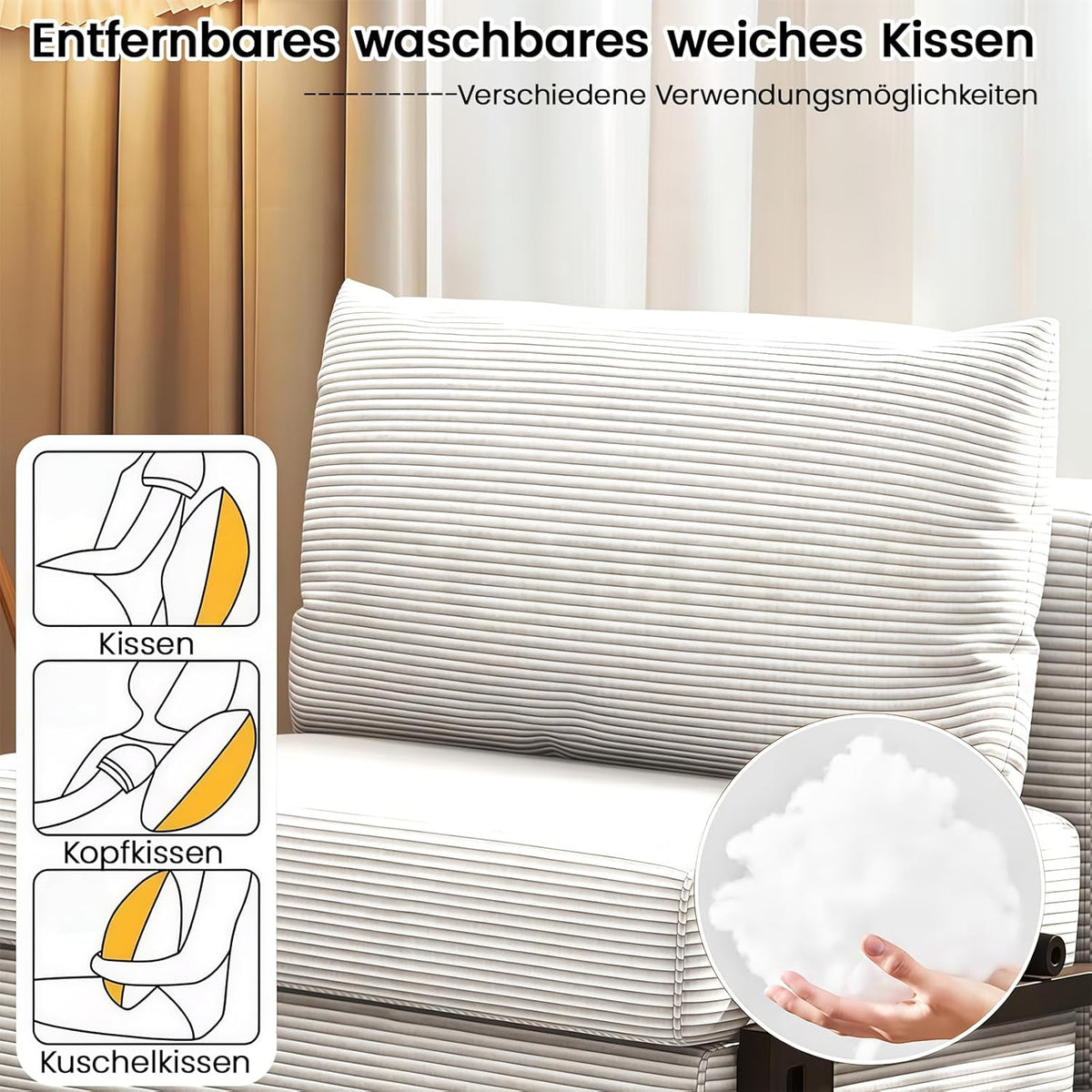 Sofá cama plegable, sillón cama 2 en 1 con función de cama, sofá cama de pana con cojín, cama de invitados, 190 cm × 120 cm para sala de estar/dormitorio/cine en casa/habitación de invitados, blanco, 120 cm