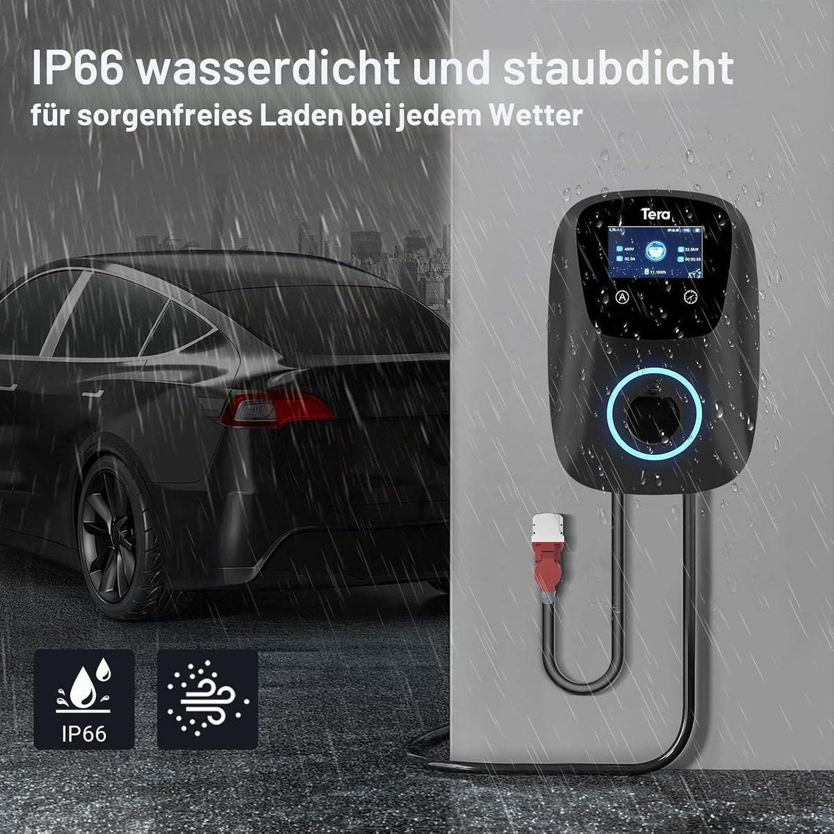 Tera EV Ladegerät Smart APP mit 32A Typ 2 22kW oder 11kW Heim Ladestation 400V CE & TÜV Wallbox 7m Ladekabel mit Ladegerätehalter App-Steuerung CEE 3-Phasen Stecker für Alle EVs und PHEVs W01 Schwarz