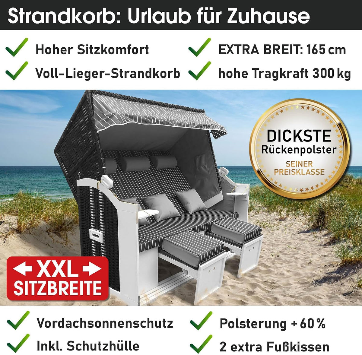 BRAST® Cesta de playa Usedom XXL de 3 plazas para 2-3 personas | 165 cm de ancho | 5 diseños | incluye funda impermeable | respaldo ajustable, cojines para los pies | antracita/gris - a rayas