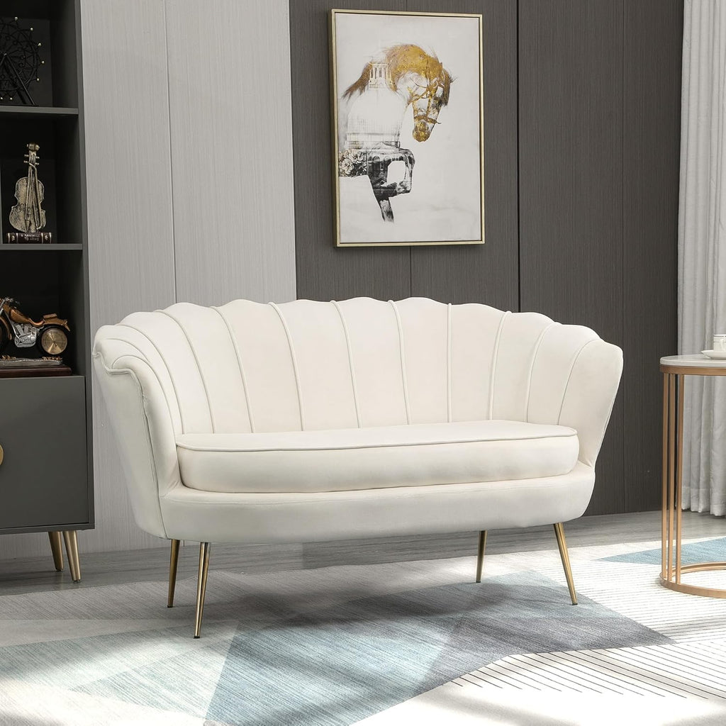 HOMCOM Sofa 2 Sitzer Couch mit Armlehne blütenblattförmiger Rückenlehne Dick Gepolstert Polstersofa Modern Doppelsofa mit Samtoptik, Metallbeine für Wohnzimmer, 130 x 77 x 77 cm, Cremeweiß