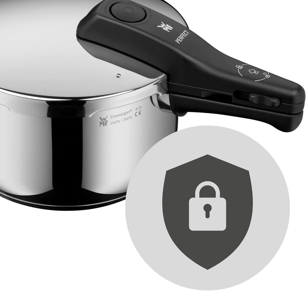 Juego de olla a presión WMF Perfect One Pot para inducción, 2 piezas, ollas a presión de 4,5 l y 3 l, señal de cocción grande, 2 niveles de cocción, mango de tapa extraíble, apto para todo tipo de cocinas, acero inoxidable