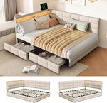 Cama tapizada doble, sofá cama de 140x200 con 2 cajones de almacenamiento, cama juvenil con USB, cama con almacenamiento, cama funcional con somier de láminas, cama infantil con cabecero LED, sin colchón (beige + lino)