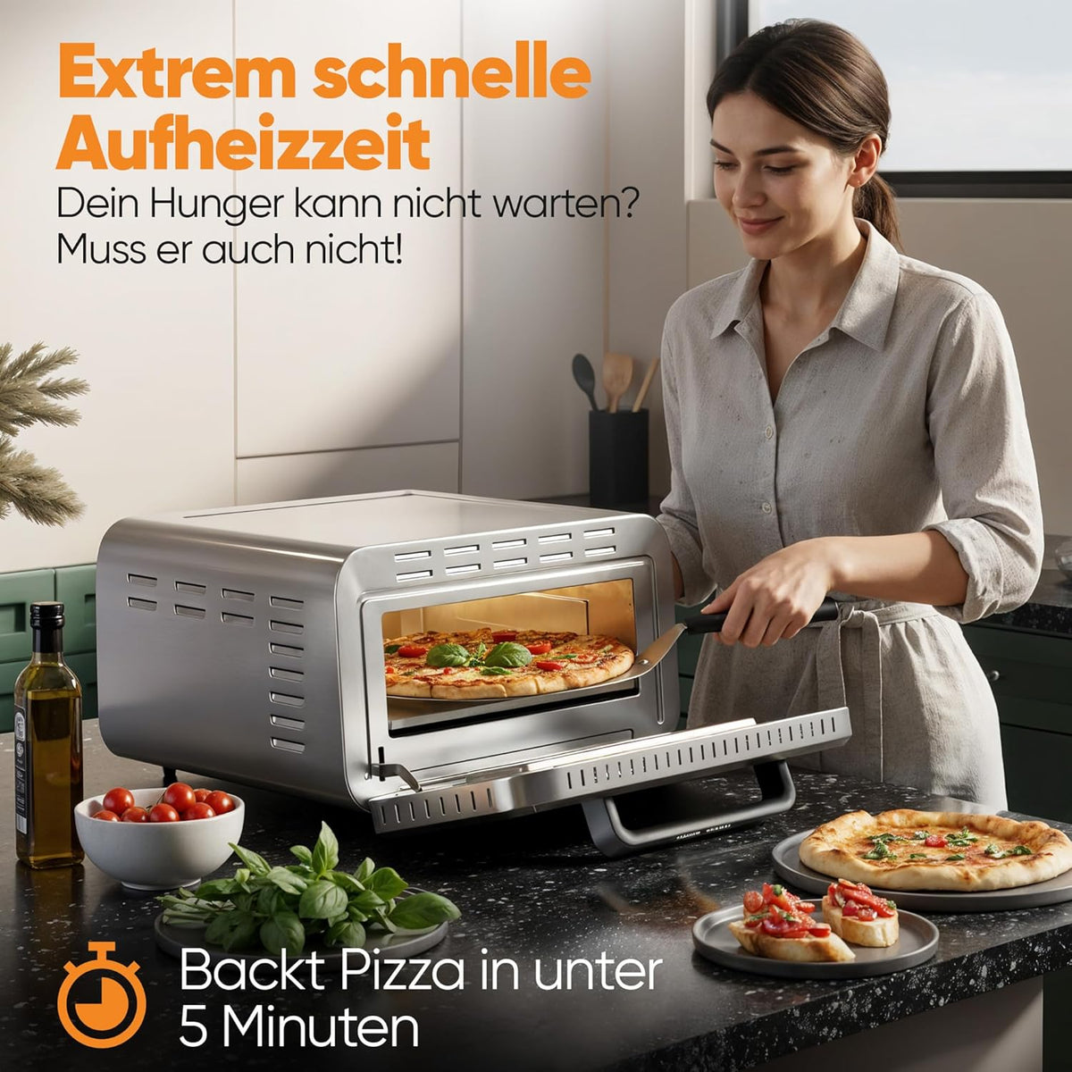 Horno para pizza eléctrico ProfiCook® | 400°C | piedra para pizza auténtica | incluye pala para pizza | ajuste variable de tiempo y temperatura | horno eléctrico para pizza | para pizza en menos de 5 min. | pizzera | PC PO 1323