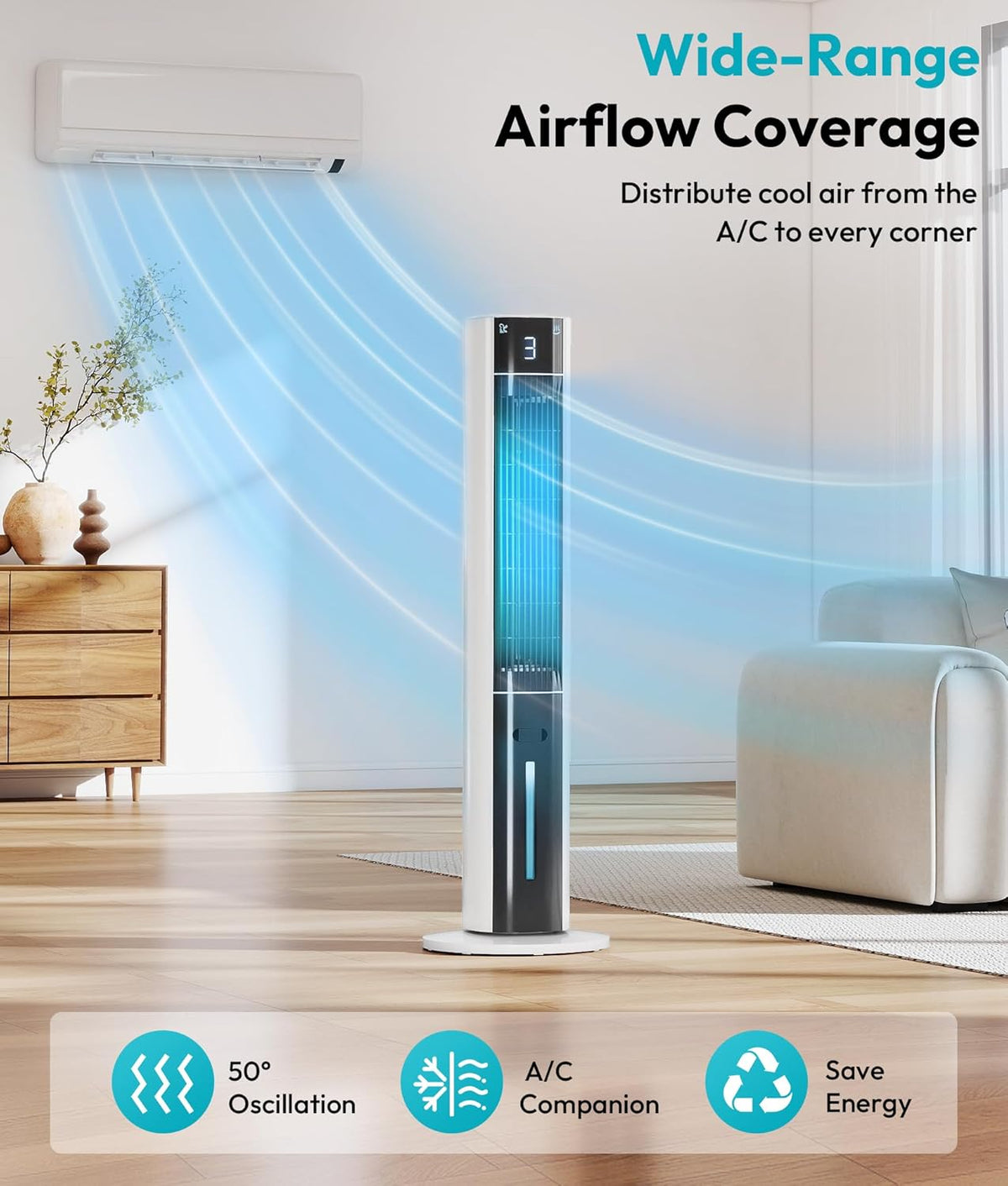 Enfriador de aire por evaporación: enfriador de pantano 3 en 1 con tanque de agua de 3 L, 3 modos y 3 velocidades, control remoto, temporizador de 12 horas, ventilador de torre de enfriamiento portátil sin aspas con oscilación de 50° para habitación