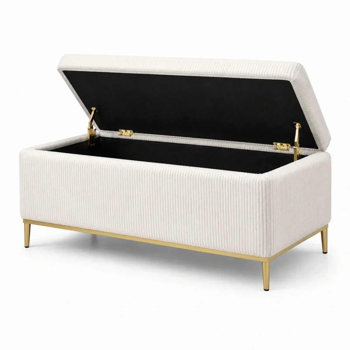 Banco de almacenamiento de terciopelo beige con estructura de metal 120 cm