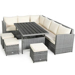 Conjunto de muebles de comedor para patio de 7 piezas de ratán con sofá seccional, mesa de comedor, otomanas y cojines