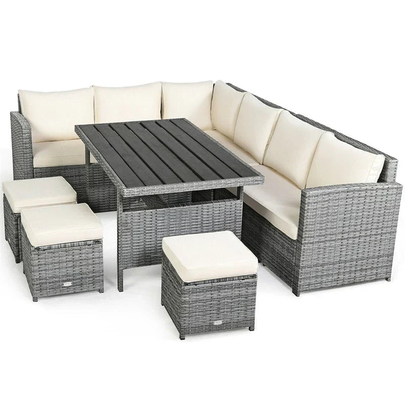 Conjunto de muebles de comedor para patio de 7 piezas de ratán con sofá seccional, mesa de comedor, otomanas y cojines