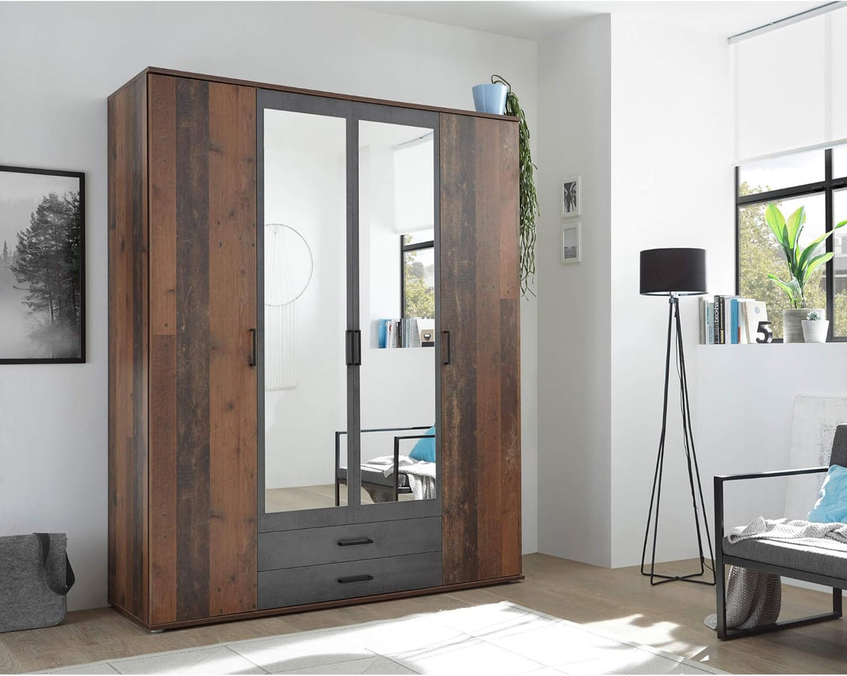 CHICAGO Elegante armario con gran espacio de almacenamiento - Versátil armario de puertas batientes en estilo antiguo y aspecto de hormigón oxidado - 159 x 197 x 54 cm (ancho/alto/fondo)
