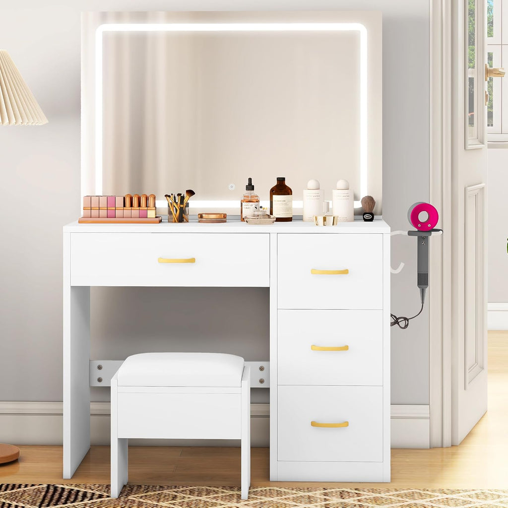 Tocador YITAHOME con espejo, mesa de maquillaje con 4 cajones, iluminación, toma de corriente, blanco (tocador, mesa de cosméticos)