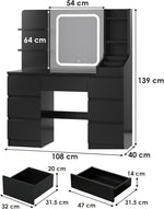 TRIUMPHKEY Tocador con iluminación LED, brillo ajustable, mesa de maquillaje con espejo, tocador moderno con 7 cajones, 4 estantes y 3 compartimentos abiertos para el dormitorio (Negro)