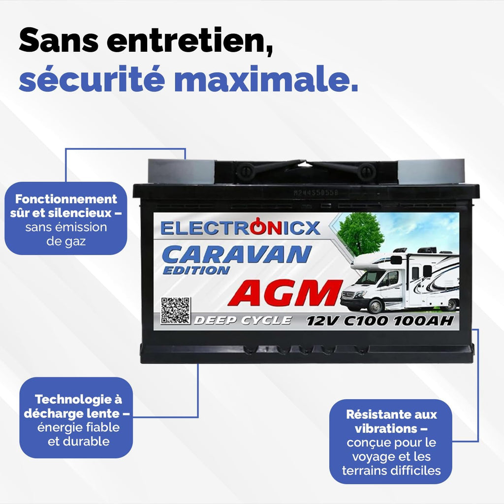 Batería AGM Electronicx 100Ah Premium 12V recargable - Batería de coche para autocaravana y panel solar 100 Ah