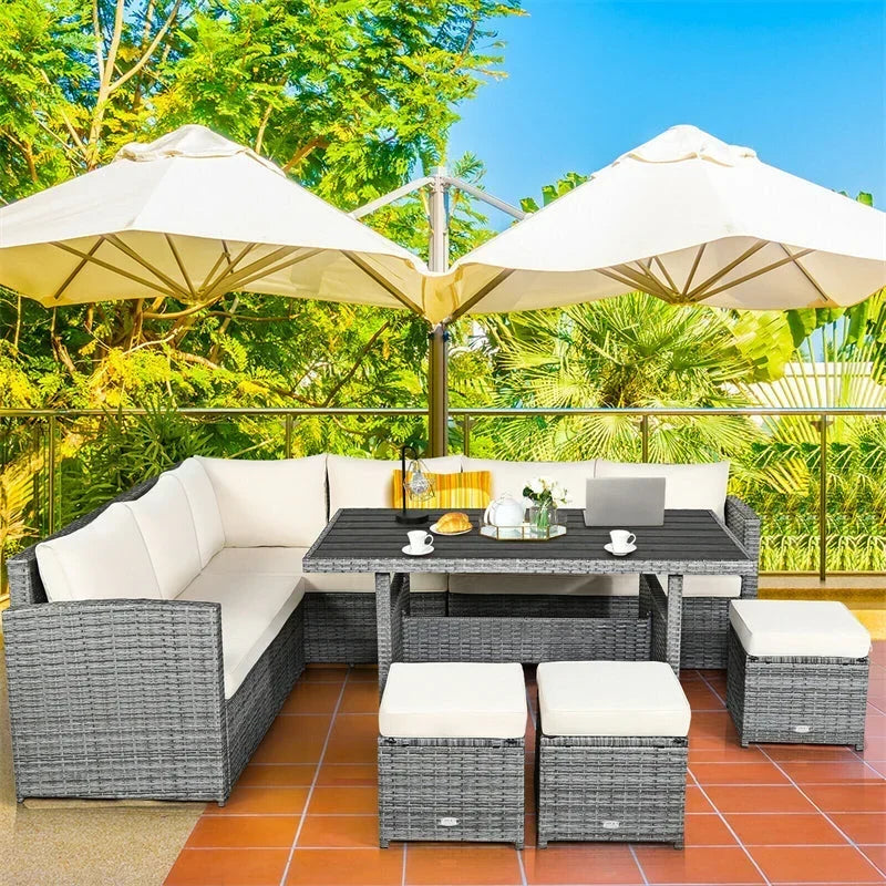 Conjunto de muebles de comedor para patio de 7 piezas de ratán con sofá seccional, mesa de comedor, otomanas y cojines