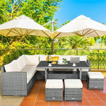 Conjunto de muebles de comedor para patio de 7 piezas de ratán con sofá seccional, mesa de comedor, otomanas y cojines