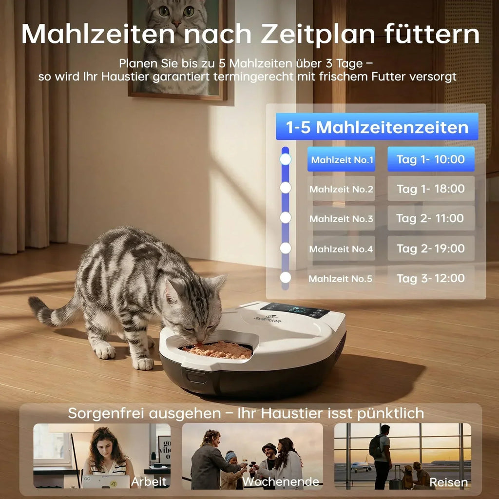 Comedero automático para gatos RESPURR con refrigeración y calefacción por semiconductores, frescura de 3 días, 5 comidas, acero inoxidable 304, programable