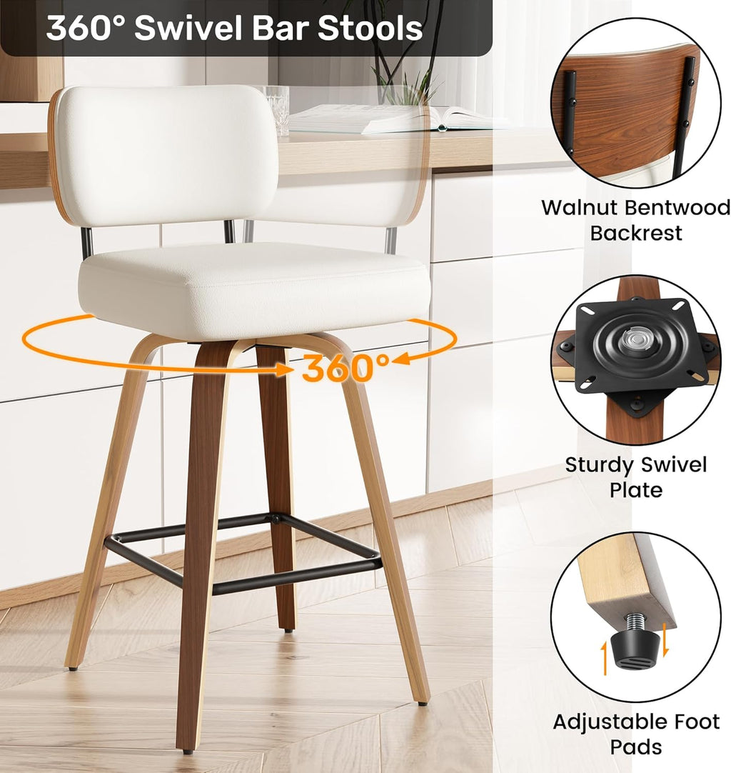 Juego de 2 taburetes de bar giratorios con respaldo, altura de asiento de 65 cm, piel sintética y madera maciza, diseño de mediados de siglo con 4 patas y reposapiés, sillas de bar para cocina y bar en color beige