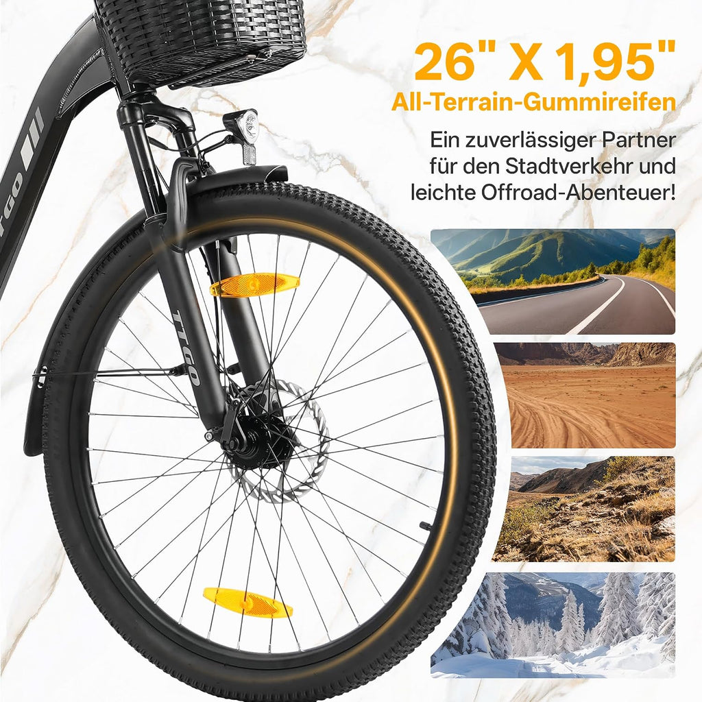 Bicicleta eléctrica ttgo de 26 pulgadas para hombre y mujer, con batería de 36V 14,5Ah/18Ah, autonomía de 60–120 km, bicicleta urbana, pantalla LCD, 6/7 velocidades, cuadro de aluminio, bicicleta eléctrica con cesta