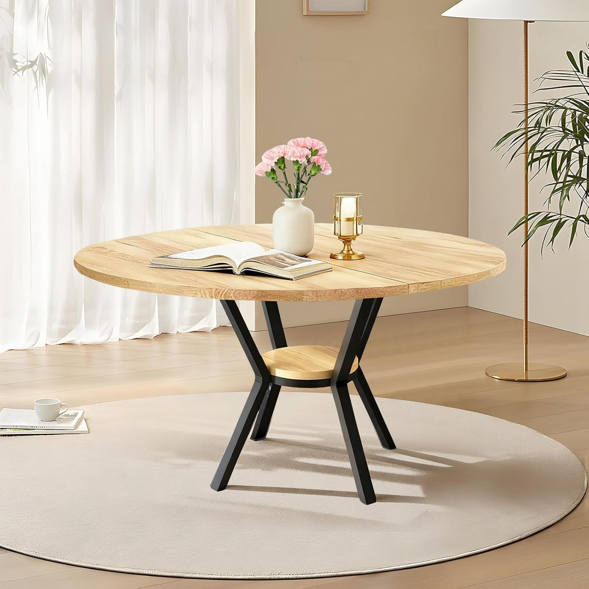 Mesa de comedor redonda TWSOUL para 2–4 personas, mesa de cocina pequeña de madera, mesa de comedor con estante, mesa para cocina, salón u oficina, diseño industrial, 80 x 75 cm