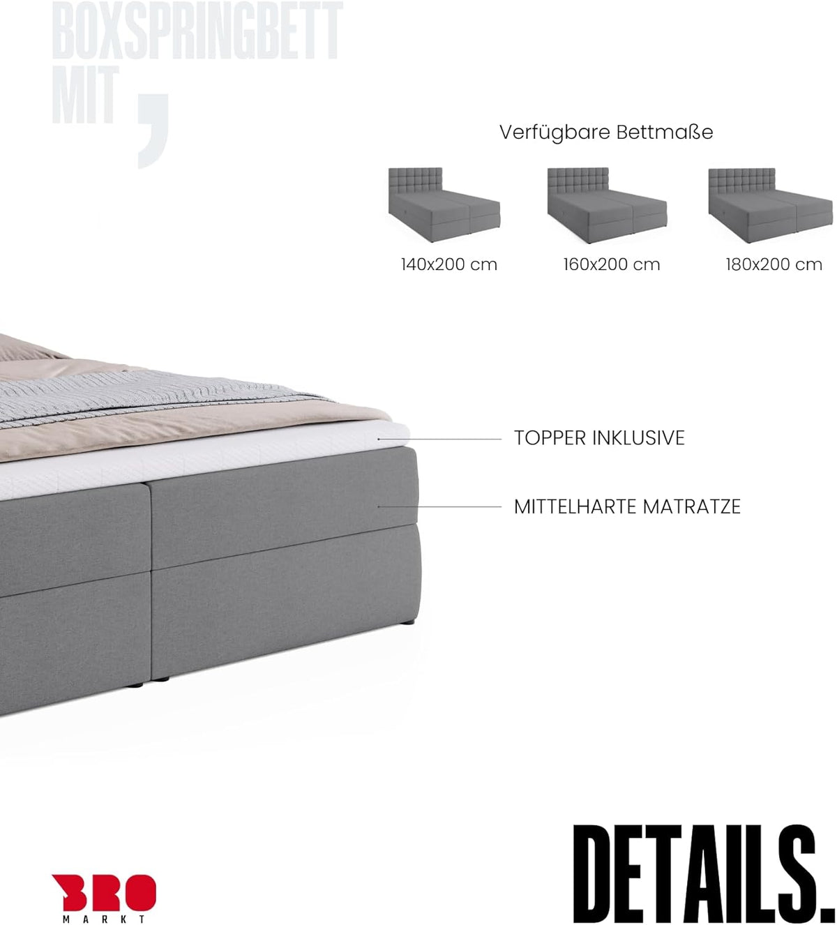 Cama boxspring BROMARKT con arcón, cama tapizada con colchón Bonell y topper, cama para dormitorio con cabecero acolchado Dakota, muelles Bonell, 180x200, grado de firmeza H3, gris Malmo