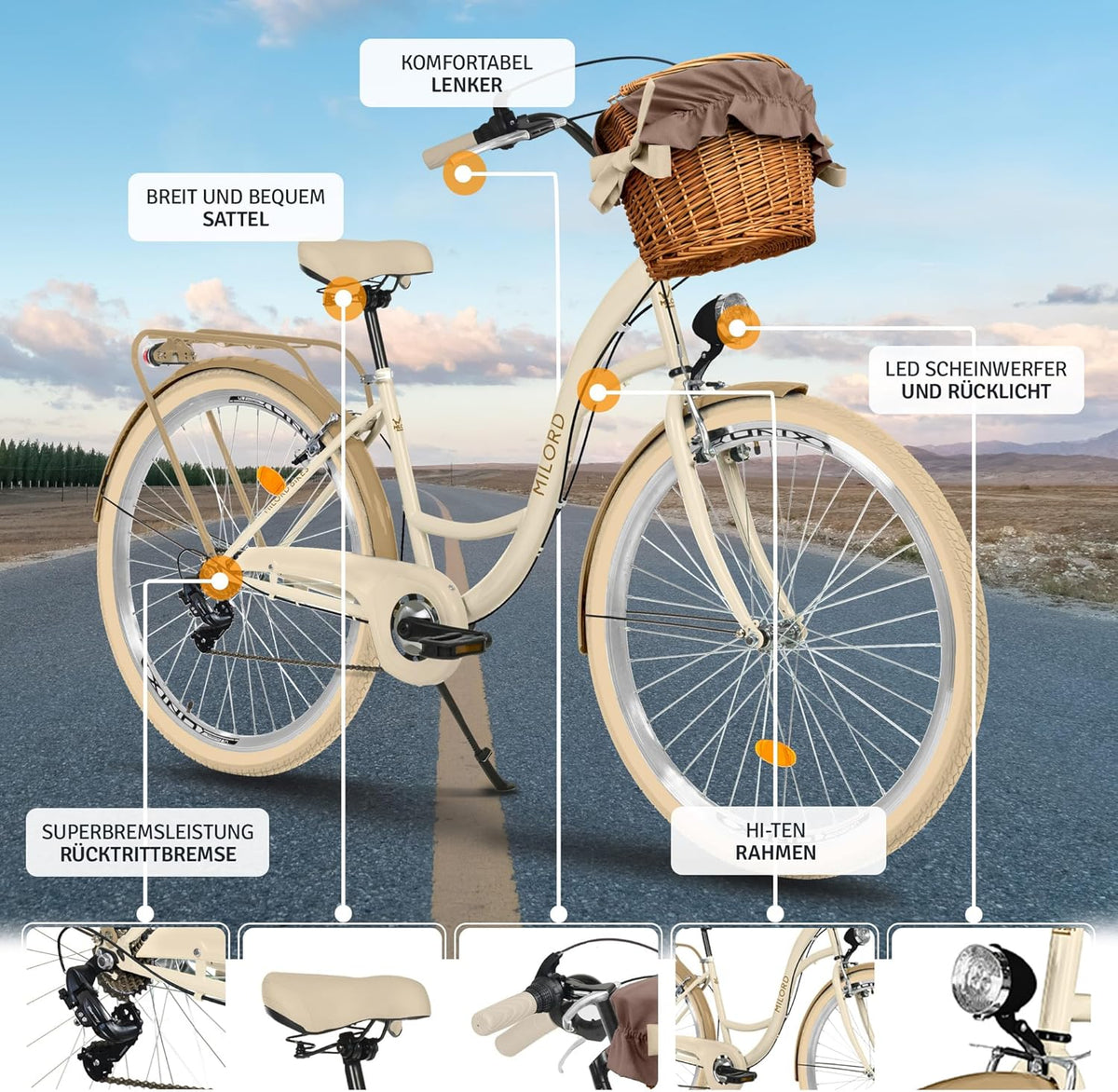 Bicicleta de paseo genérica Komfort, bicicleta urbana con cesta de mimbre, bicicleta para mujer, estilo holandés, 28 pulgadas, crema y marrón, 7 velocidades