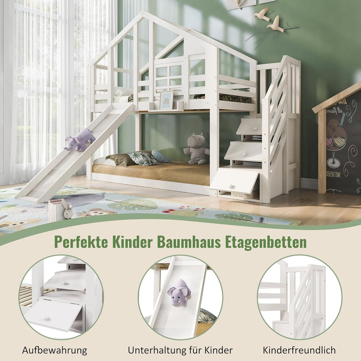 Merax Kinderbett Etagenbett 90x200cm Housebett Stockbett Hochbett mit Rutsche,Treppe Staufach Stauraum,Lattenrost,Rausfallschutz,mit Fenster, für 2 Kinder, Ohne Matratze,Weiß/254×96×207cm