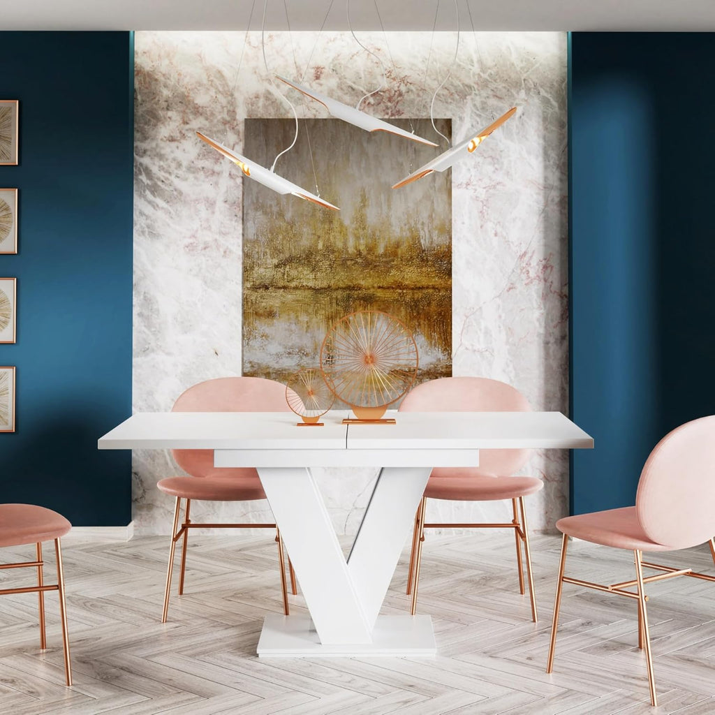 Malvi - Esstisch Ausziehbar auf 160 cm - 120x80x75 cm - Modern - Dinner Table - Esszimmertisch - Tisch für Esszimmer, Wohnzimmer - Ausziehtisch - Weiß Hochglanz