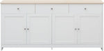 Aparador Ymkua, buffet, cómoda para salón y comedor, armario de almacenamiento con 4 puertas y 3 cajones, mueble de salón moderno, 160x37x75 cm, madera y blanco