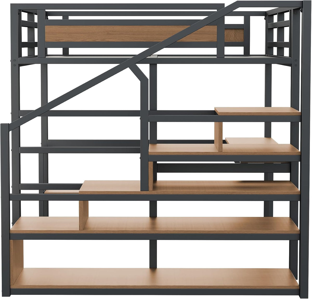 140*200 Metall-Hochbett mit Aufbewahrungsleiter mit Regalen und Tisch, Sicherheitszaun-Design mit gespleißten Metallplanken, Hohes Eisenrahmenbett mit Metallrahmen für stabile Unterstützung (Schwarz)
