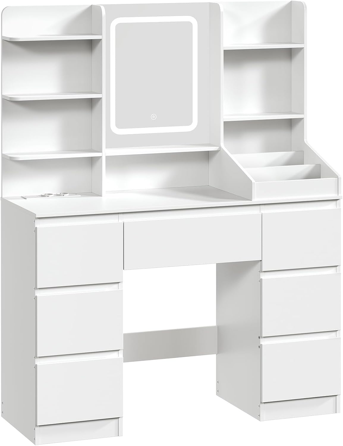 Tocador HOOBRO con iluminación LED, 7 cajones y 5 estantes abiertos, tocador con espejo y estación de carga (2 tomas de corriente CA, 1 USB-A, 1 tipo C), para dormitorio, blanco EWT110CDSZ01