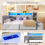 Sofá cama, 140 × 190 cm, con dos cajones, puertos USB y tipo C, compartimento de almacenamiento, banco de almacenamiento en el piecero, tira de luz LED, sin colchón, terciopelo, gris