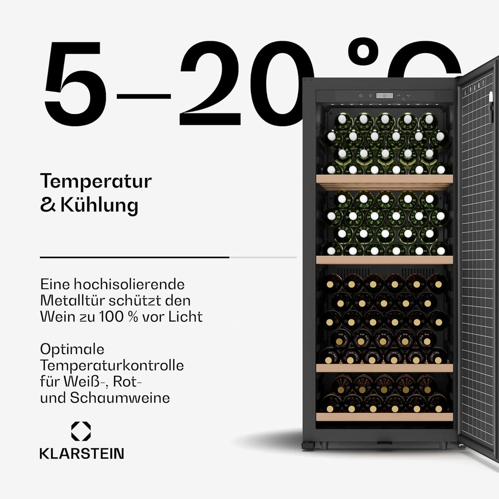 Nevera para vinos Klarstein CellarMax de libre instalación - 155 botellas, 5-20 °C, control táctil, puerta de metal, estantes de madera, alarma, clase energética E, vinoteca grande