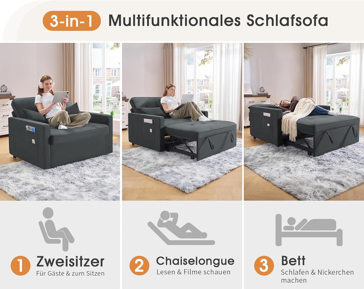 LUXOAK Schlafsofa 186 x 122 cm mit 5-stufig Verstellbarer Rückenlehne, 3-in-1 Schlafcouch mit Kissen und Seitentasche, graues Leinen-Sofa für Gästezimmer & kleine Räume
