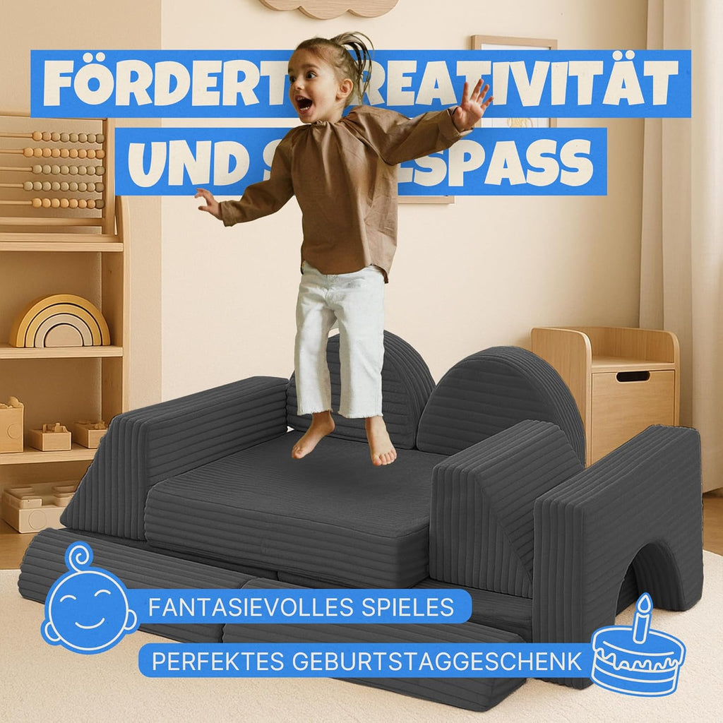 Bestlivings Spielsofa Kinder 11-teilig Bezug (Anthrazit) aus Flanell-Cord – Modulare Spielcouch für kreatives Bauen im Kinderzimmer, formstabil und erweiterbar | ÖKO-Tex Standard 100, Füllung: mittelfest, Bezug abnehmbar, 11 tlg. modular, Atmungsakti