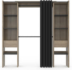 IDMarket - Vestidor extensible doble Meryl 120/180 x 50 x 180 cm haya con estantes color haya + doble barra para colgar + cortina negra
