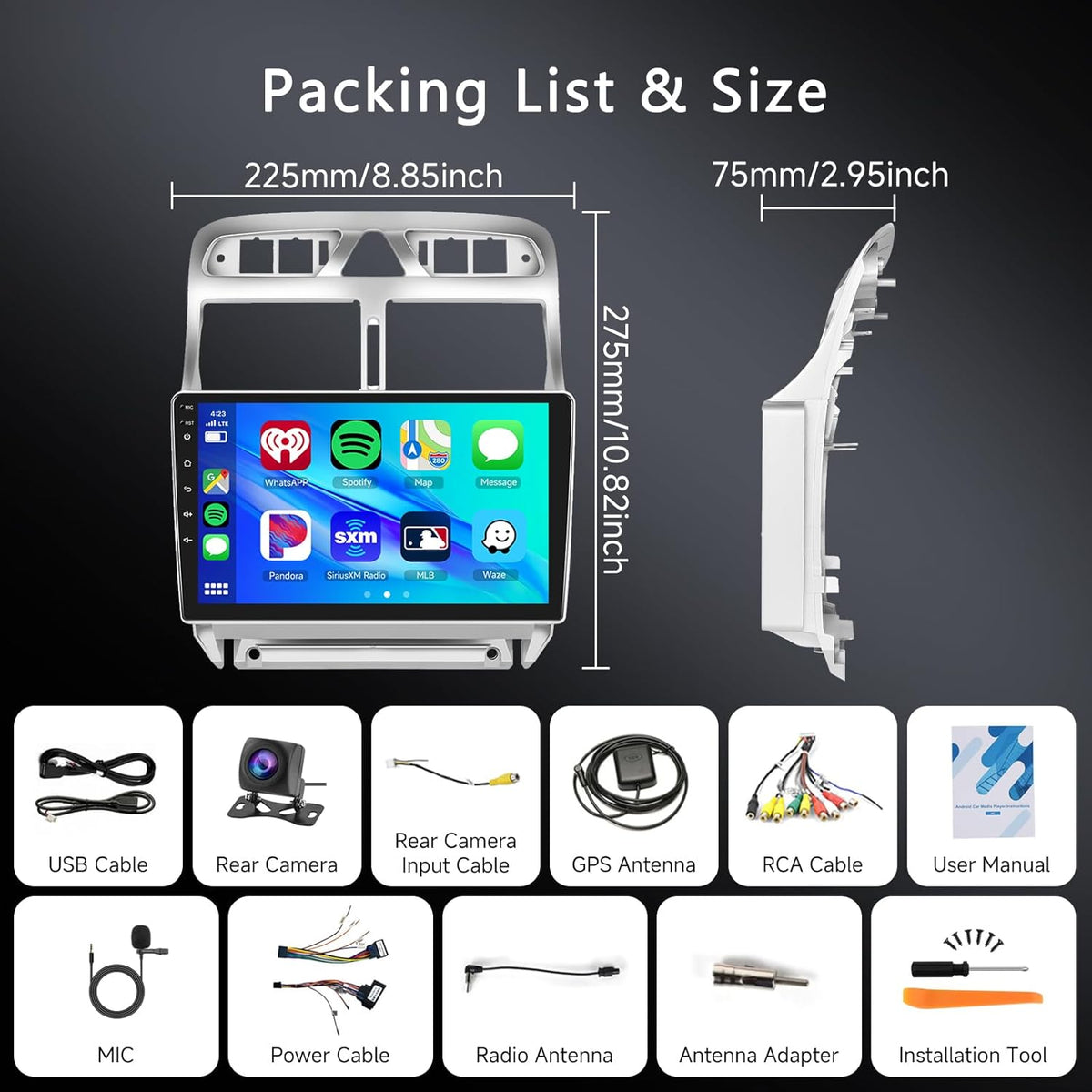 Autorradio Android 2GB 64GB para Peugeot 307 307CC 307SW 2002-2013 con Carplay inalámbrico y Android Auto, pantalla táctil Hodozzy de 9 pulgadas, navegación GPS, Bluetooth, WiFi, radio FM/RDS, SWC, EQ